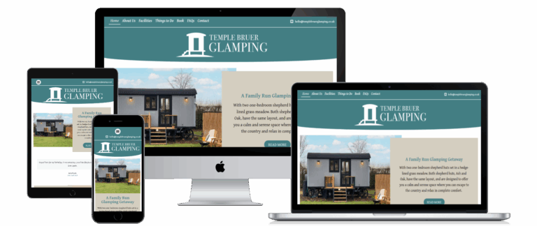 Temple Bruer Glamping website shown on desktop, laptop, tablet and mobile