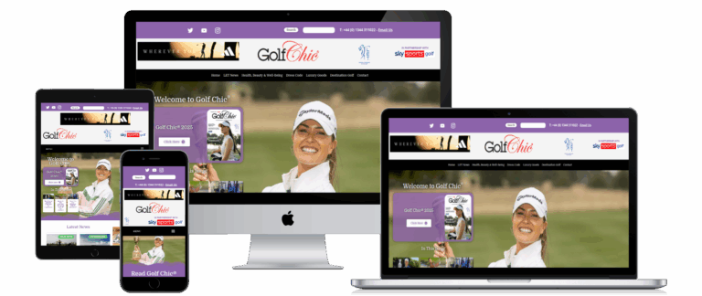 Golf Chic magazine website shown on desktop, laptop, tablet and mobile
