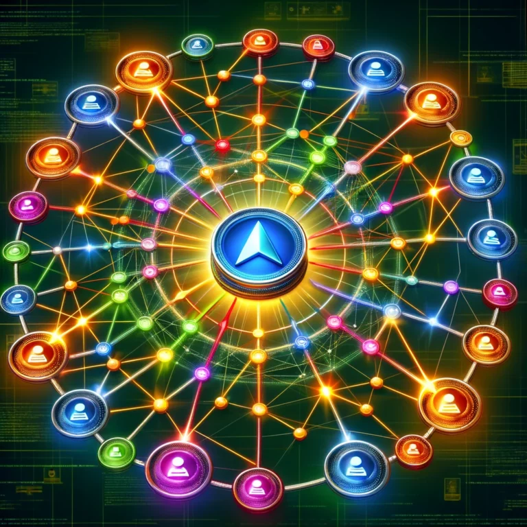 DALL·E 2024 02 02 10.14.17 Illustrate the concept of backlinks in SEO. Show a central website as a large, brightly colored node in the center of the image. Surround it with mult