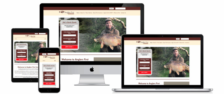 Anglers First fishing tackle insurance website shown on desktop, laptop, tablet and mobile