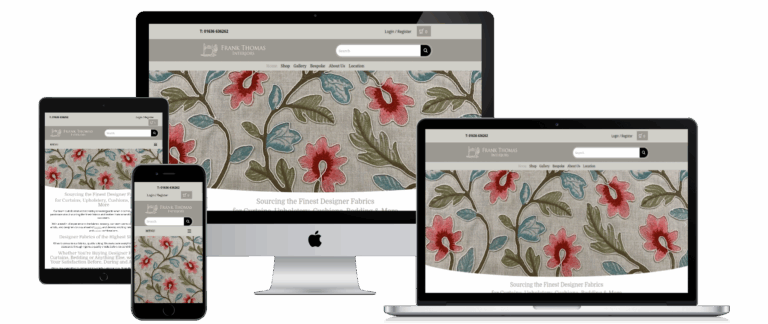 Frank Thomas Interiors designer fabrics website shown on desktop, laptop, tablet and mobile