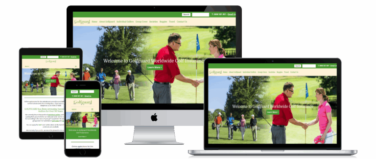 Golfguard golf insurance website shown on desktop, laptop, tablet and mobile
