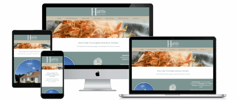 Harris Holiday Homes website shown on desktop, laptop, tablet and mobile