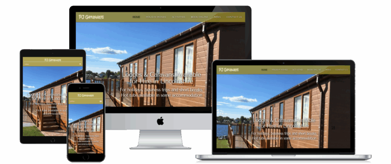 PJ Getaways lodges and caravans website shown on desktop, laptop, tablet and mobile