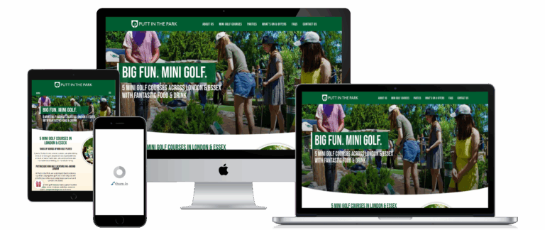 Putt in the Park mini golf website shown on desktop, laptop, tablet and mobile