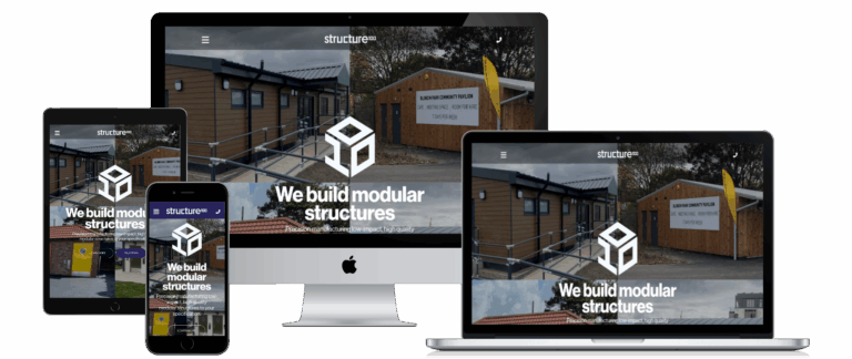 Structure100 modular buildings website shown on desktop, laptop, tablet and mobile