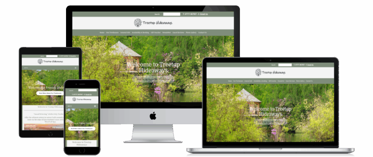 Treetop Hideaways website shown on desktop, laptop, tablet and mobile