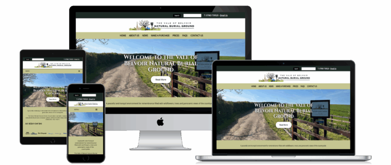 Vale of Belvoir Natural Burial Ground website shown on desktop, laptop, tablet and mobile