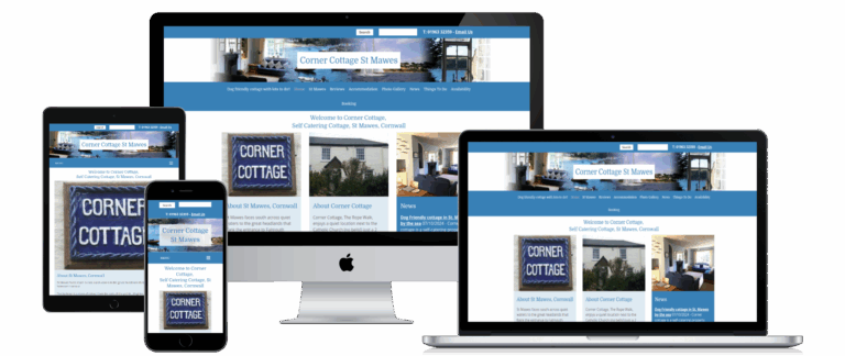 Corner Cottage St Mawes website shown on desktop, laptop, tablet and mobile