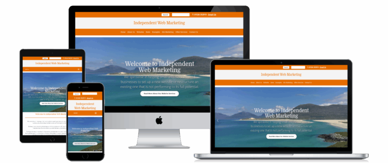 The Independent Web Marketing website shown on a desktop, laptop, tablet and phone