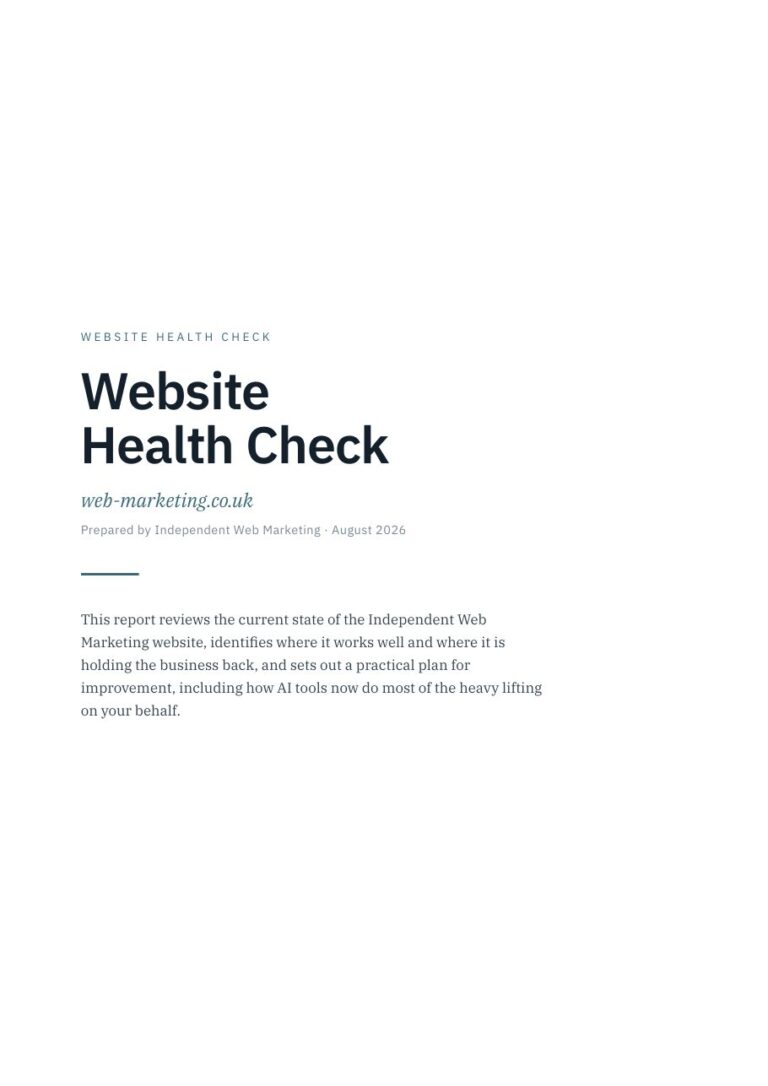 Cover page of an AI Website Health Check report prepared by Independent Web Marketing for web-marketing.co.uk