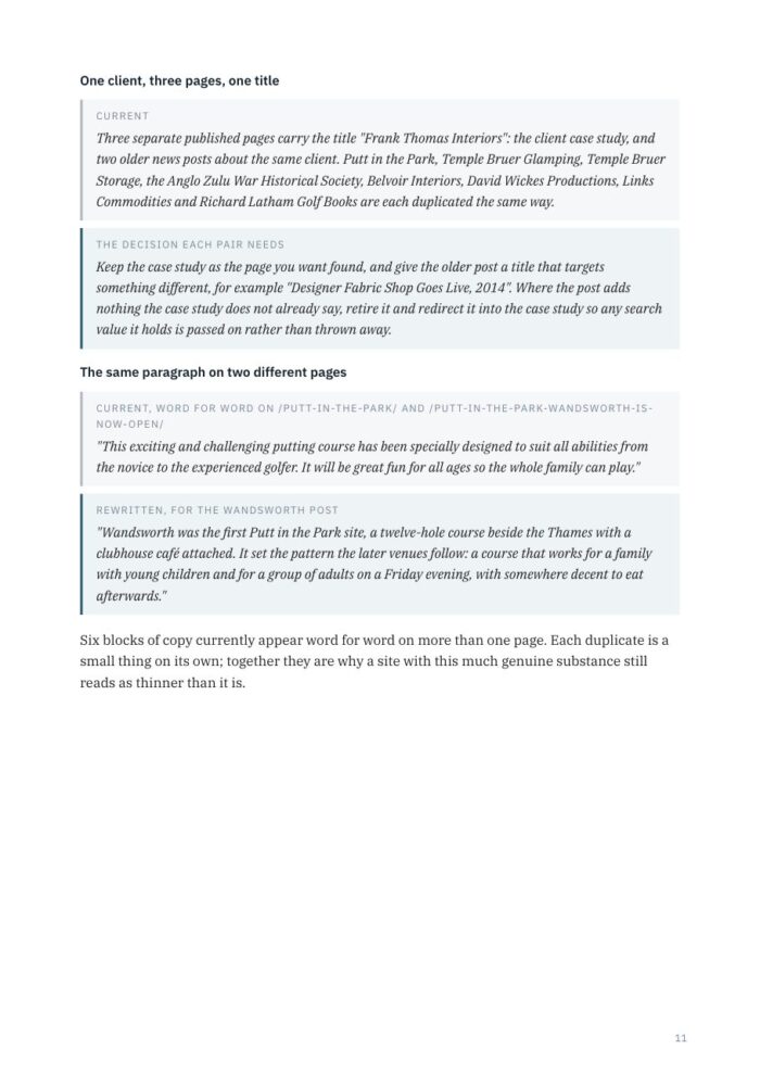 Report page listing pages that share a title or repeat the same paragraph, with the recommended fix for each