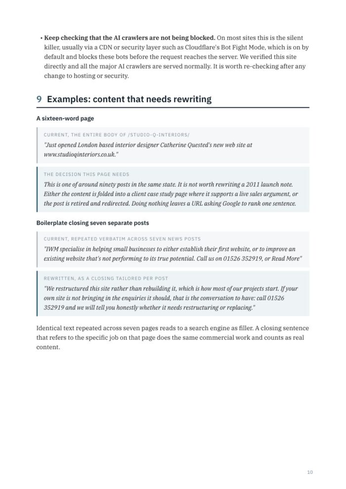 Report page showing current website wording beside the rewritten version the AI Health Check recommends