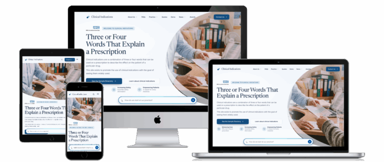 Clinical Indications website shown on desktop, laptop, tablet and phone