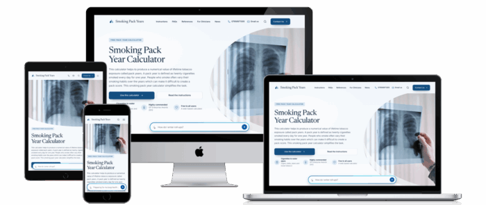 Smoking Pack Years website shown on desktop, laptop, tablet and phone