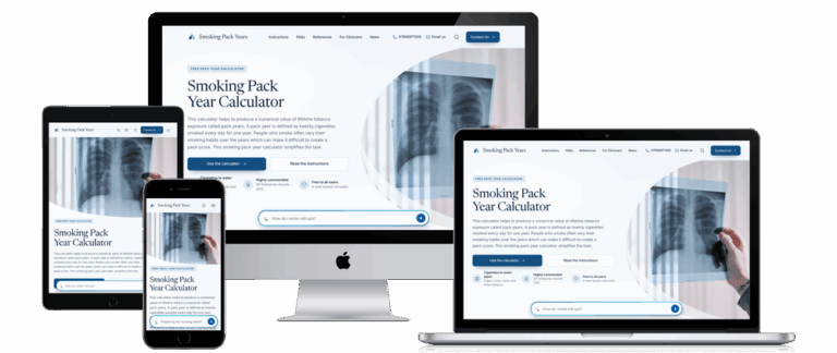 Smoking Pack Years website shown on desktop, laptop, tablet and phone